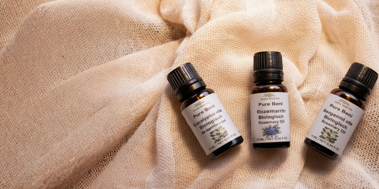 PURE BENI wellness bundles featuring organic essential oil trios for balance, relaxation and daily aromatherapy rituals
