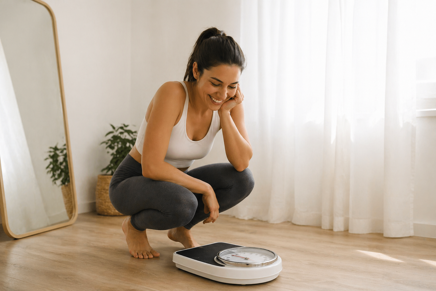 “Happy woman checking weight on scale at home, symbolizing weight control and natural wellness.”