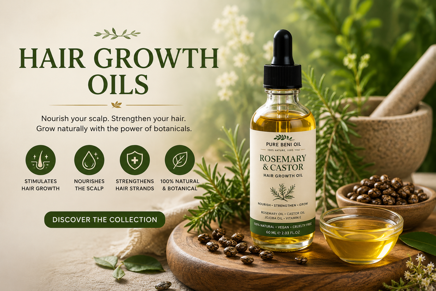Natural hair growth oils with rosemary and castor oil by Pure Beni Oil