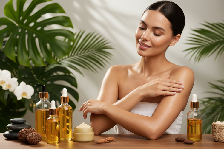 "Woman with glowing radiant skin using Pure Beni natural body care products - premium organic body oils and butters for luminous healthy skin"