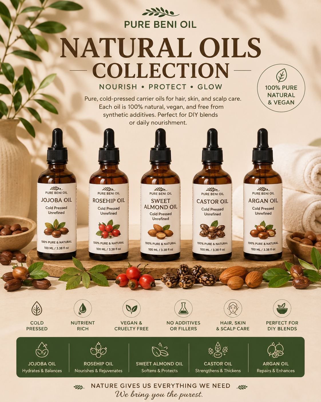 Natural carrier oils collection including Jojoba Oil, Rosehip Oil, Sweet Almond Oil, Castor Oil and Argan Oil. 100% pure cold-pressed oils for healthy hair, nourished scalp, glowing skin and DIY beauty blends.