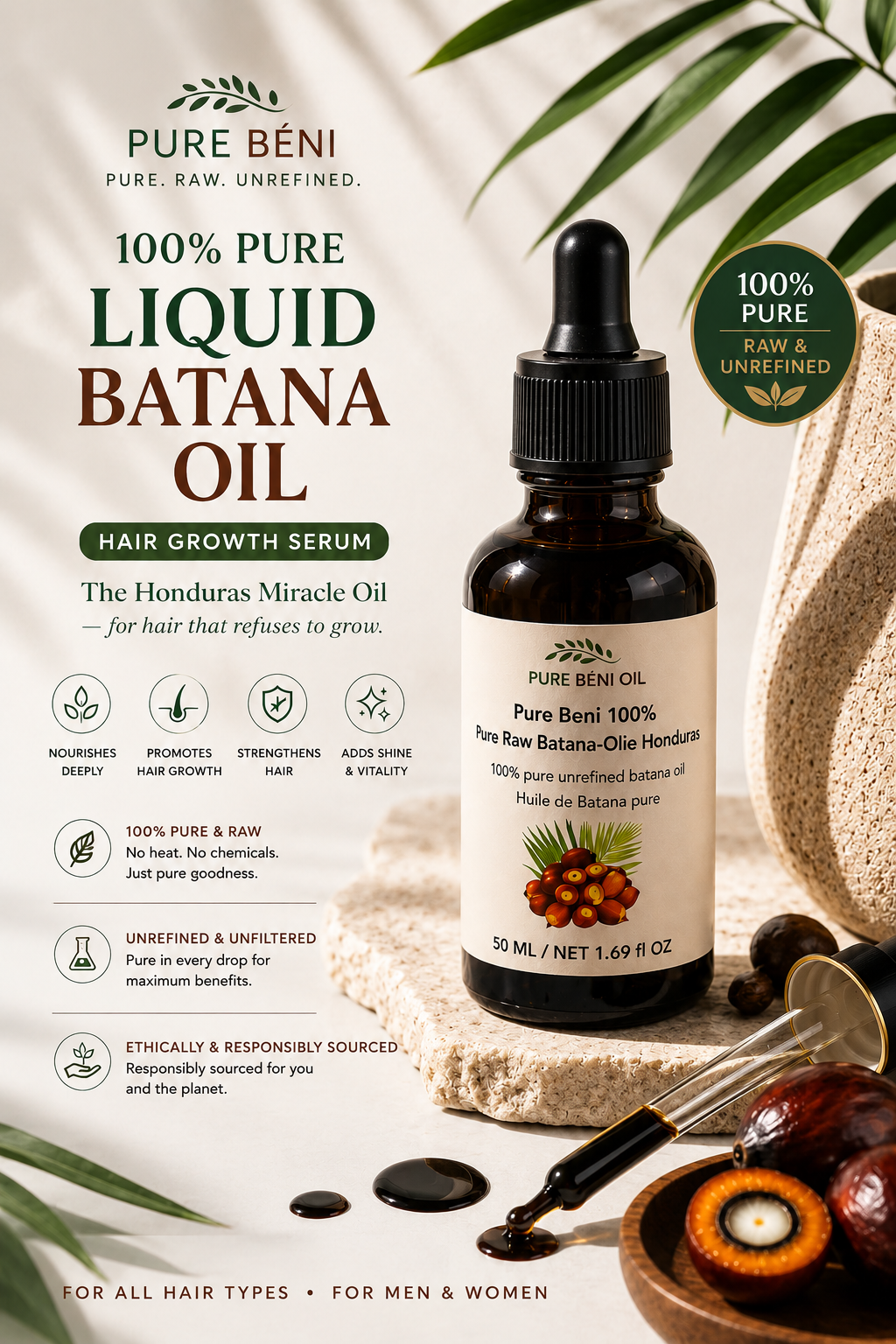 PURE BENI 100% Pure Liquid Batana Oil Hair Growth Serum 50ml — raw unrefined Honduras Miracle Oil