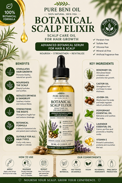PURE BÉNI Botanical Scalp Elixir — Soin Naturel du Cuir Chevelu et Huile Nourrissante pour Cheveux
