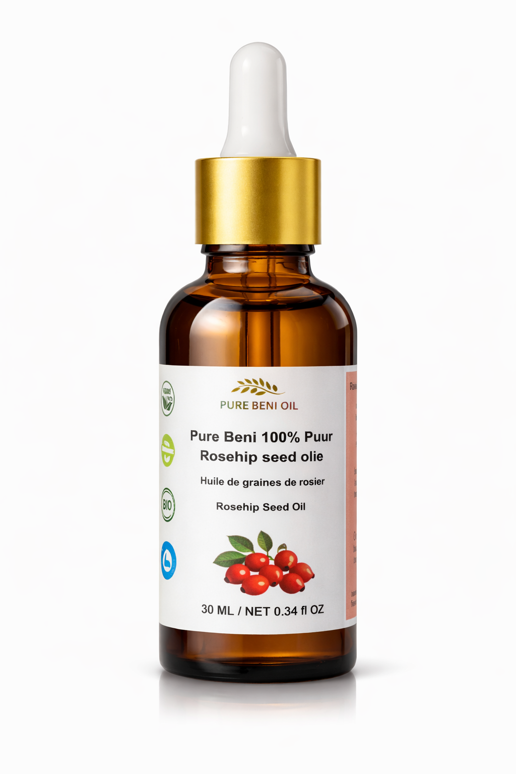 “PURE BENI 100% Pure Rosehip Oil in glass bottle with dropper”
