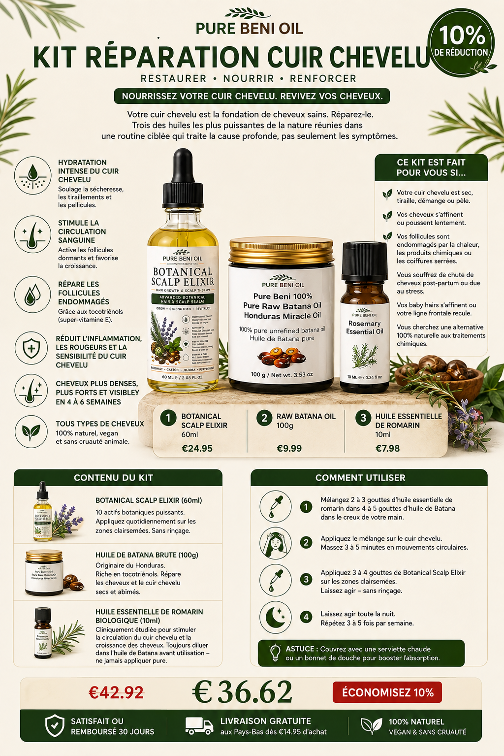 Scalp Herstelkit — Botanisch Hoofdhuid Elixir + Batana Olie + Rozemarijn Olie