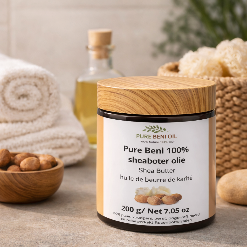 Organic shea butter body care product in natural bathroom setting