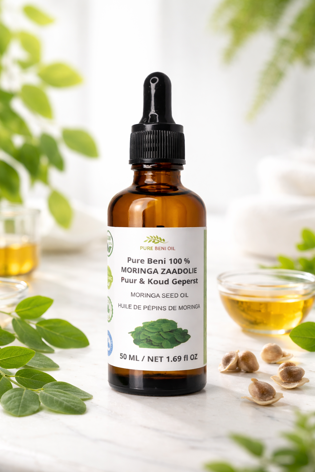 🌿 Pure Beni 100% Moringa Oil – organic, cold-pressed carrier oil for skin, hair, and nails – 100% natural and radiant glow.