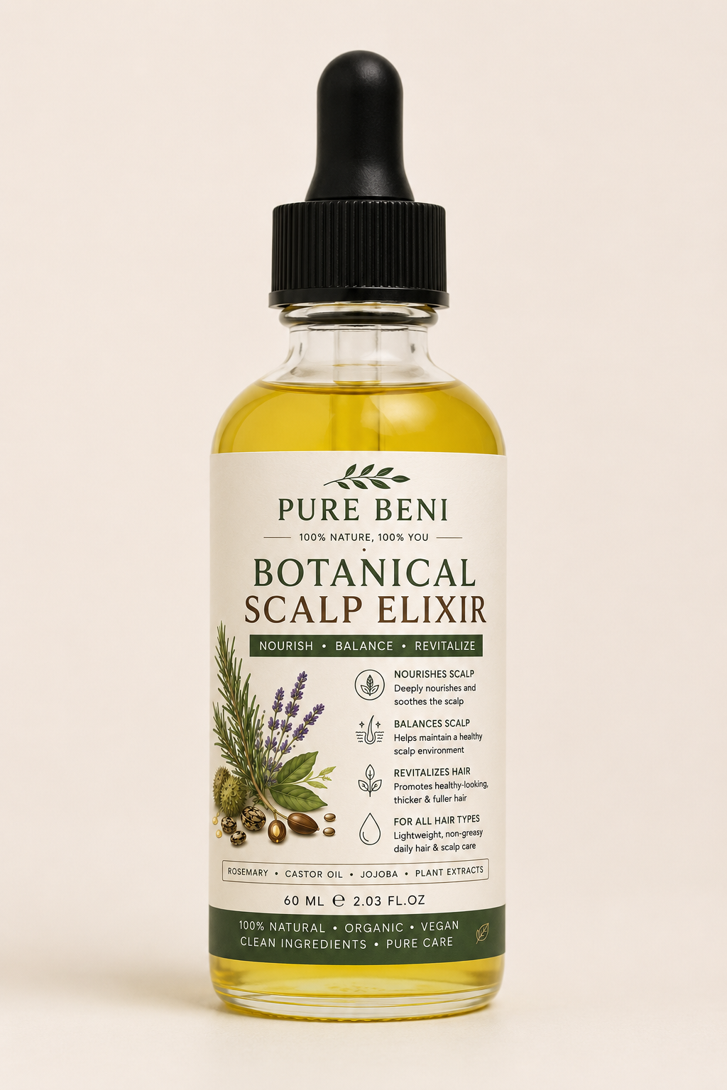 PURE BENI Botanical Scalp Elixir bottle with dropper on a clean beige background. Natural organic hair and scalp oil made with rosemary, castor oil, jojoba, and botanical plant extracts for nourishing, balancing, and revitalizing hair growth and scalp care.