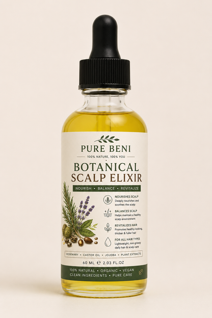 PURE BENI Botanical Scalp Elixir bottle with dropper on a clean beige background. Natural organic hair and scalp oil made with rosemary, castor oil, jojoba, and botanical plant extracts for nourishing, balancing, and revitalizing hair growth and scalp care.