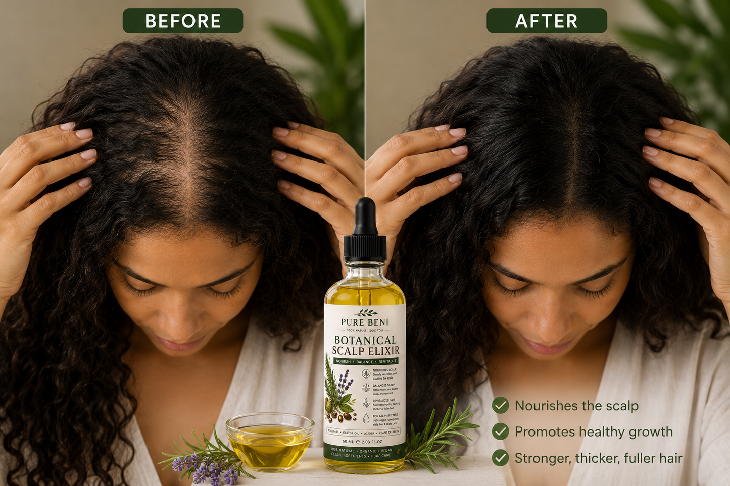 Before and after hair growth comparison featuring PURE BENI Botanical Scalp Elixir. The left image shows thinning hair and a visible scalp, while the right image shows fuller, thicker, and healthier hair after regular use. The product bottle is displayed in the center with natural rosemary and botanical ingredients.