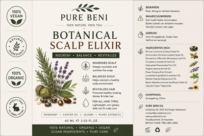 Product information label for PURE BENI Botanical Scalp Elixir featuring natural ingredients including castor oil, jojoba oil, rosemary, lavender, peppermint, argan oil, and vitamin E. Organic vegan scalp and hair care treatment designed to nourish the scalp, balance oil production, and promote healthier, fuller hair growth.
