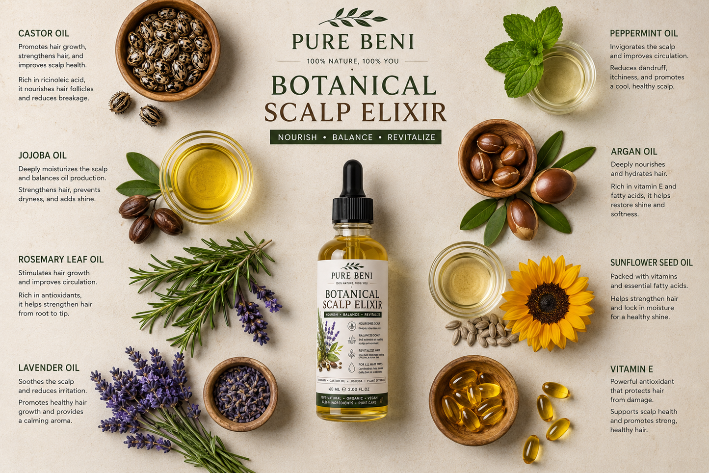 Flat lay infographic featuring PURE BENI Botanical Scalp Elixir surrounded by natural ingredients including castor seeds, jojoba oil, rosemary, lavender, peppermint, argan nuts, sunflower seeds, and vitamin E capsules. Organic beauty and hair care concept with botanical elements on a clean beige background.