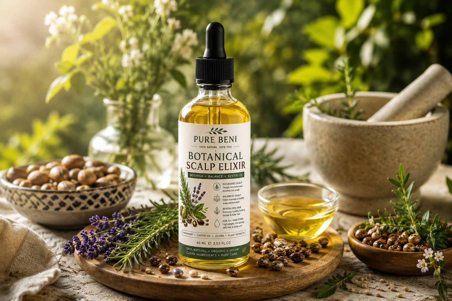PURE BENI Botanical Scalp Elixir bottle displayed in a natural organic spa setting with rosemary, lavender, botanical herbs, and nourishing oils on a wooden tray under warm sunlight.