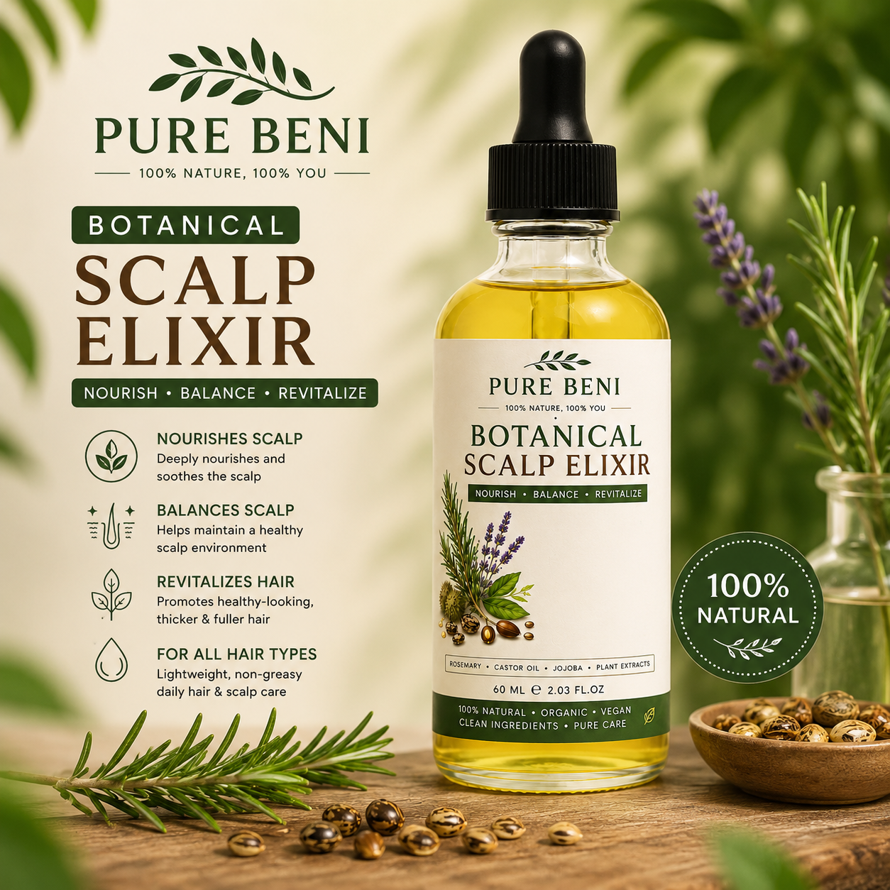 PURE BENI Botanical Scalp Elixir bottle displayed in a natural organic spa setting with rosemary, lavender, botanical herbs, and nourishing oils on a wooden tray under warm sunlight.