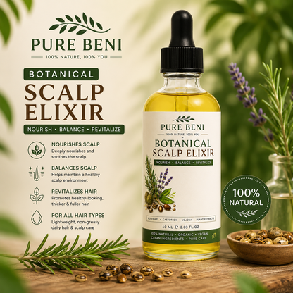PURE BENI Botanical Scalp Elixir bottle displayed in a natural organic spa setting with rosemary, lavender, botanical herbs, and nourishing oils on a wooden tray under warm sunlight.