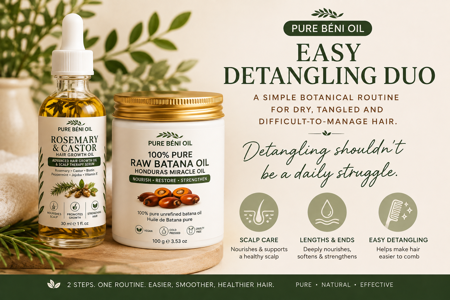 PURE BÉNI OIL Easy Detangling Duo — simple botanical routine for dry and tangled hair
