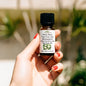 PURE BENI Organic Tea Tree Essential Oil 10ml – amber glass bottle with tea tree leaves and white flowers, natural stone background
