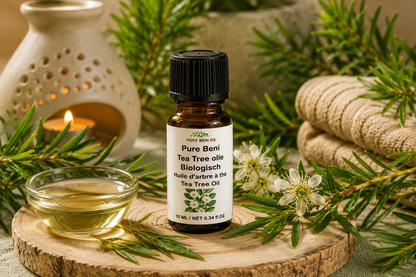 PURE BENI Tea Tree Essential Oil dans une ambiance organique naturelle avec feuilles vertes et fleurs de tea tree, huile essentielle biologique pour soins de la peau, cuir chevelu et aromathérapie.