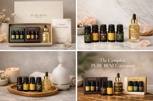 Alt: PURE BENI luxury organic essential oil collection for mindfulness, relaxation and daily wellness rituals