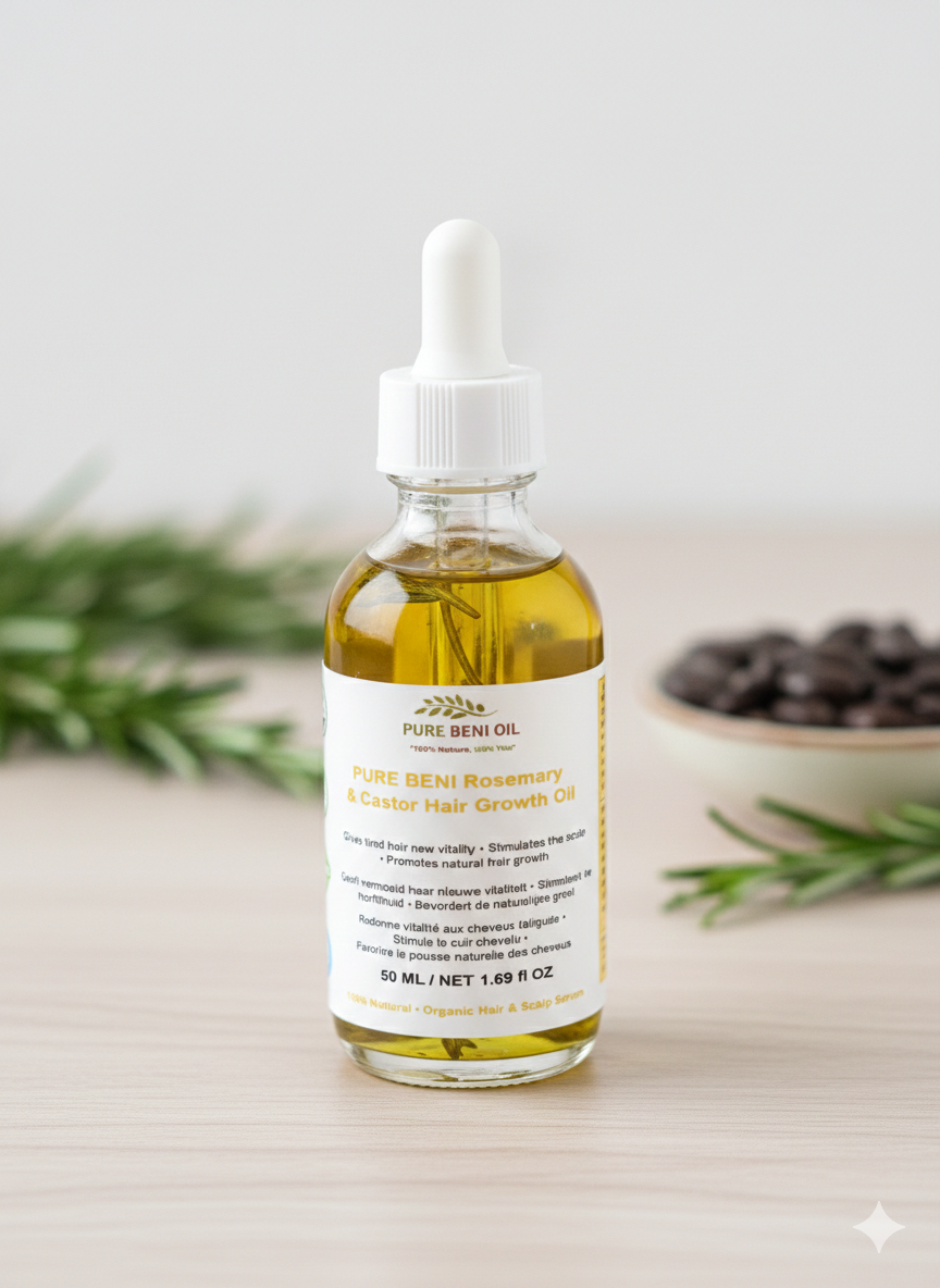 "PURE BÉNI Rosemary & Castor Hair Growth Oil 50ml bottle - natural organic hair growth serum for thicker, fuller hair"🌿 Lavender Flower - Soothes and calms the scalp

🌿 Rosemary Leaf -

🌿 Burdock Root -

🌿 Peppermint Oil -

🌿 Ginger Root -

🌿 Tea Tree Oil -

🌿 Argan Oil -

🌿 Hyaluronic Acid