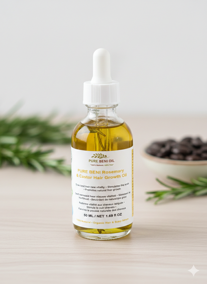 "PURE BÉNI Rosemary & Castor Hair Growth Oil 50ml bottle - natural organic hair growth serum for thicker, fuller hair"🌿 Lavender Flower - Soothes and calms the scalp

🌿 Rosemary Leaf -

🌿 Burdock Root -

🌿 Peppermint Oil -

🌿 Ginger Root -

🌿 Tea Tree Oil -

🌿 Argan Oil -

🌿 Hyaluronic Acid