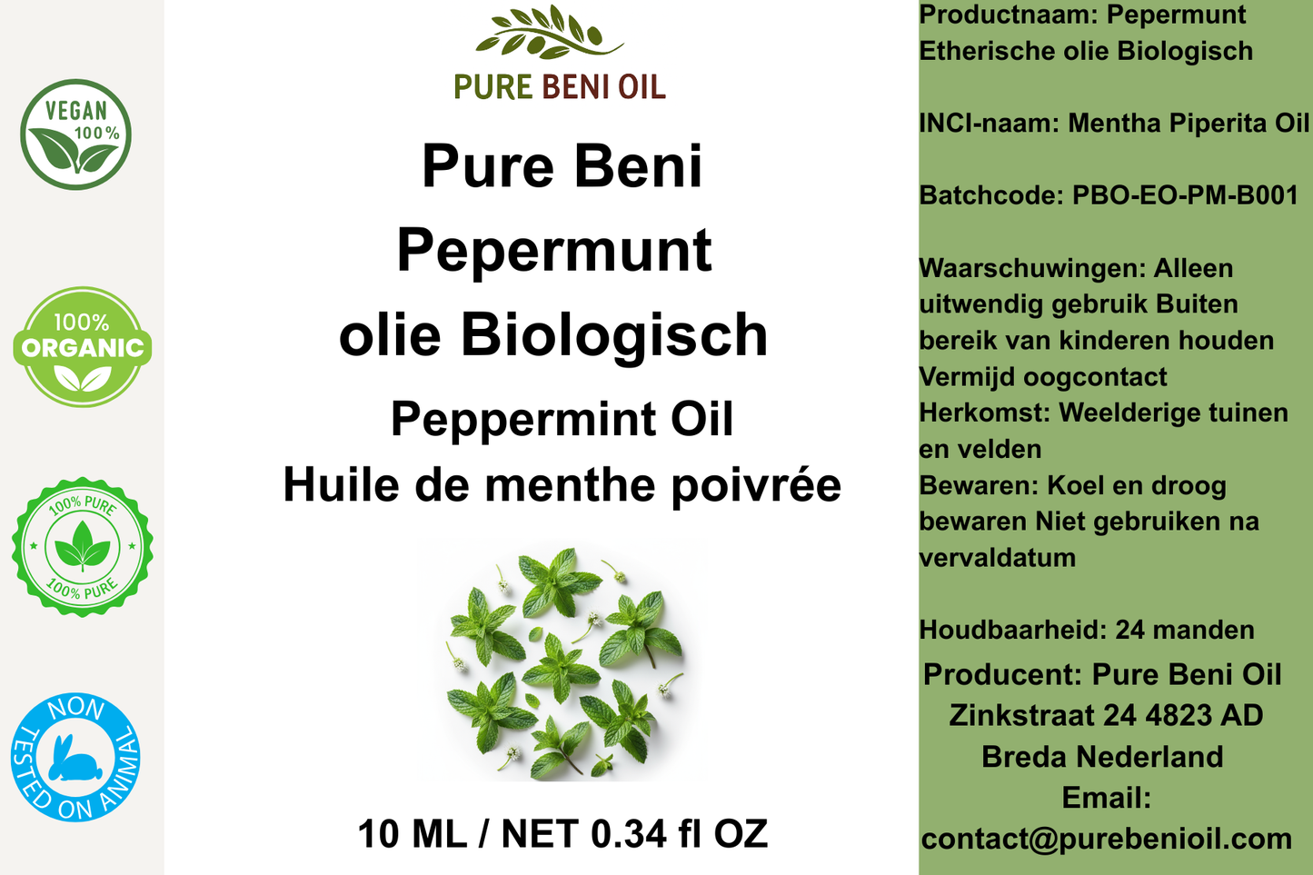 Huile Essentielle de Menthe Poivrée Biologique PURE BENI