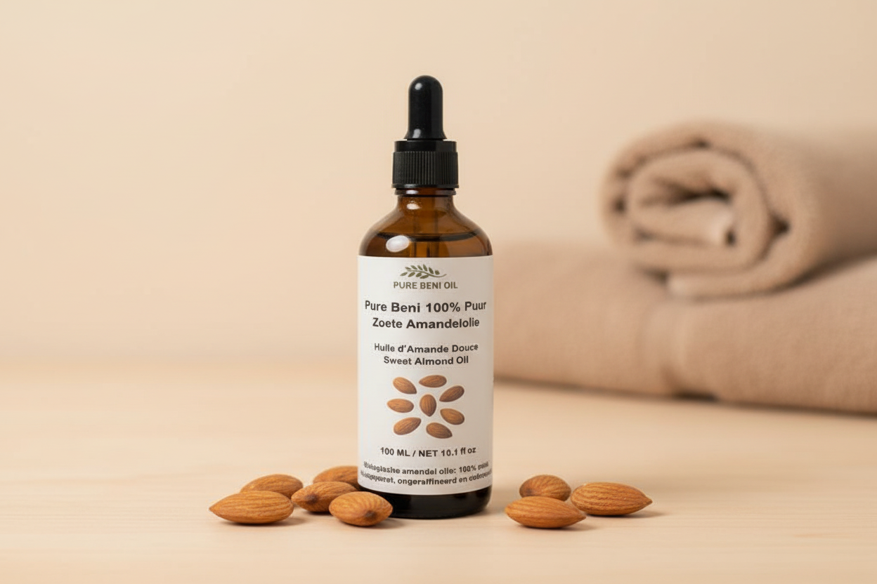 "Pure Béni Cold-Pressed Sweet Almond Oil for hair and skin care"