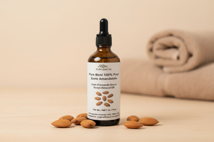 "Pure Béni Cold-Pressed Sweet Almond Oil for hair and skin care"