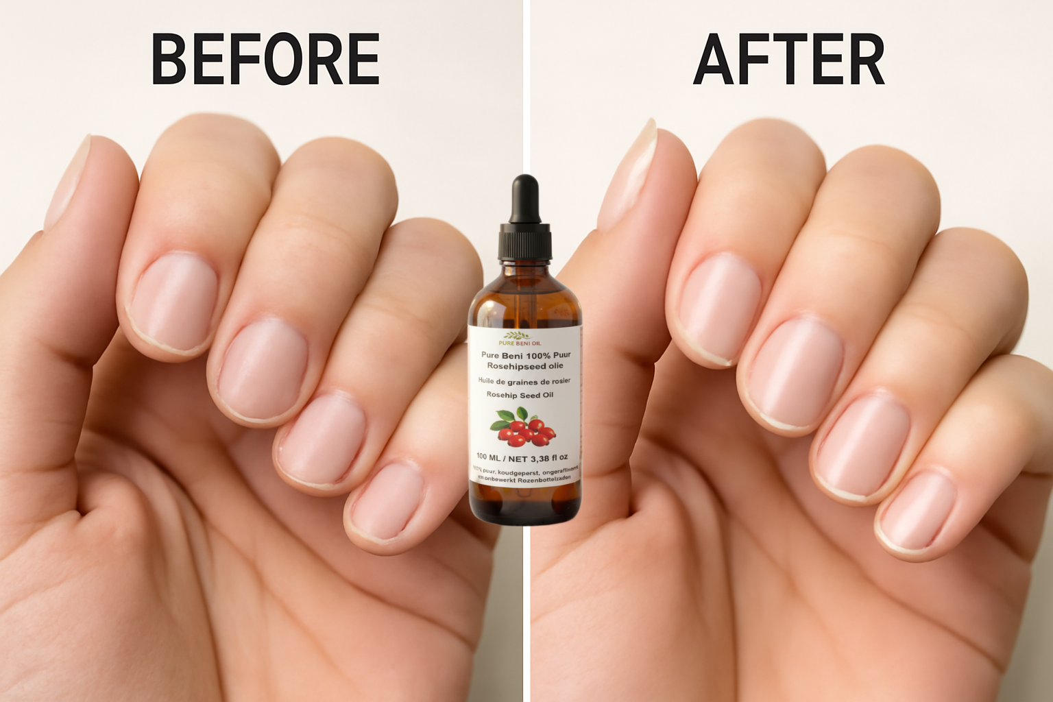 "Applying Pure Beni Rosehip Oil to dry cuticles and nails"