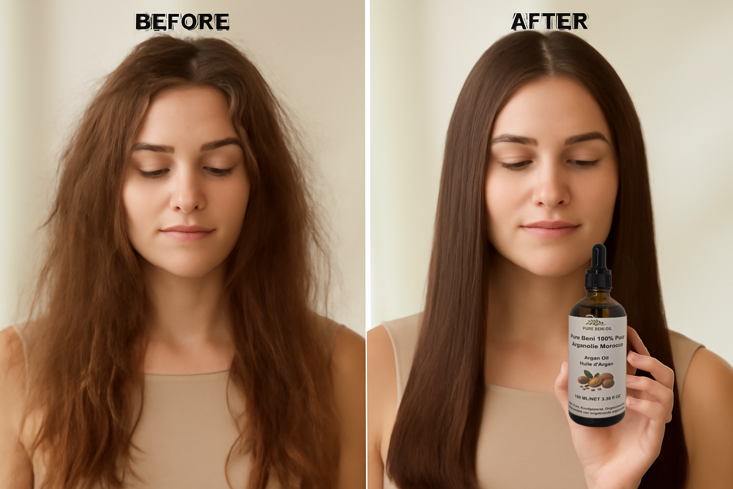 "Using Pure Beni Argan Oil as a leave-in hair treatment for split ends and frizz"