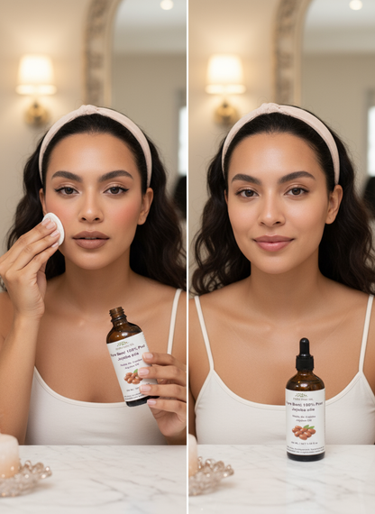 Pure Beni Cold-Pressed Jojoba Oil used as a natural makeup remover