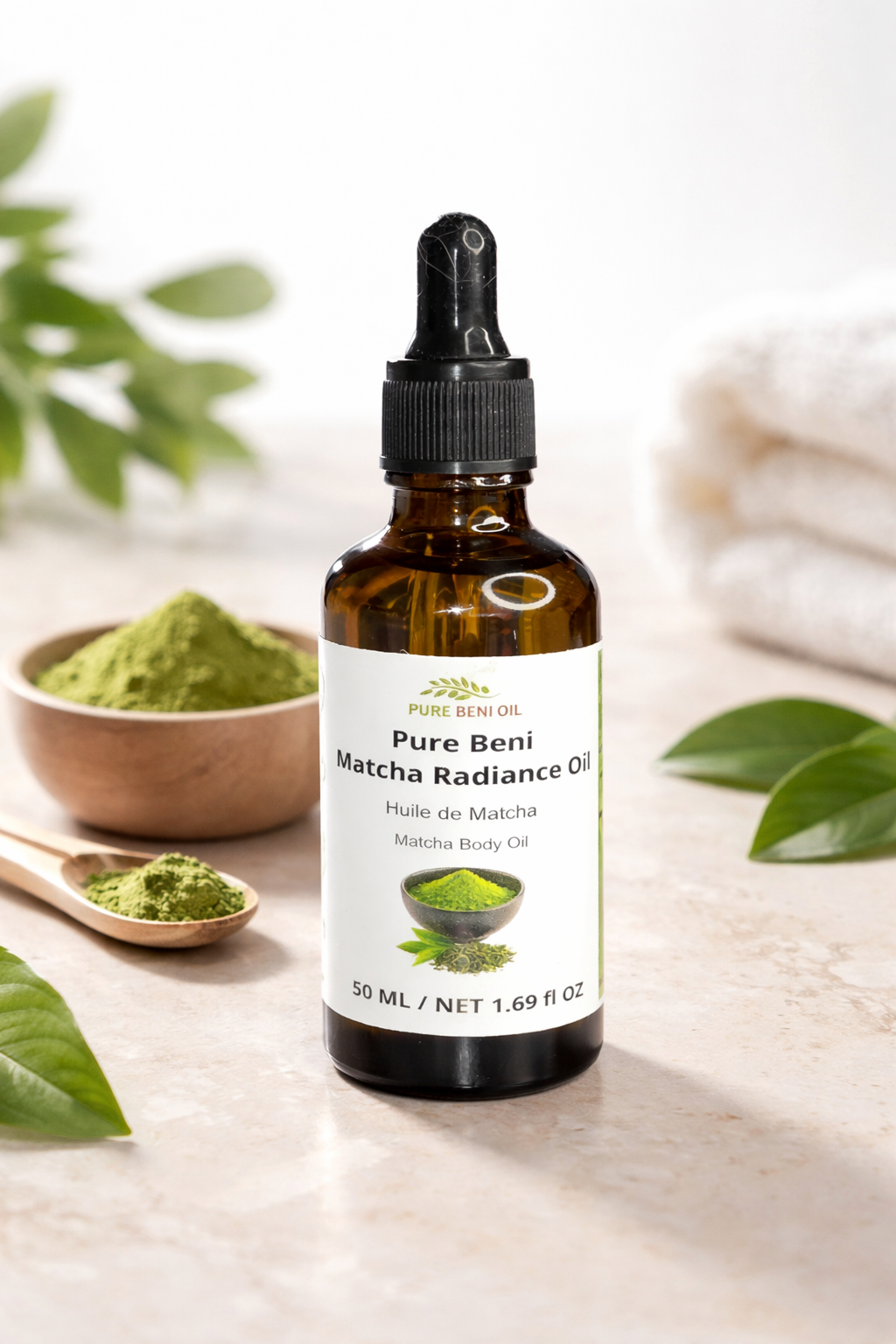 "Pure Beni Matcha Radiance Oil 50ml bottle with matcha powder and natural ingredients"
