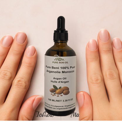"Pure Beni Argan Oil treatment for strengthening brittle nails and dry chapped lips"