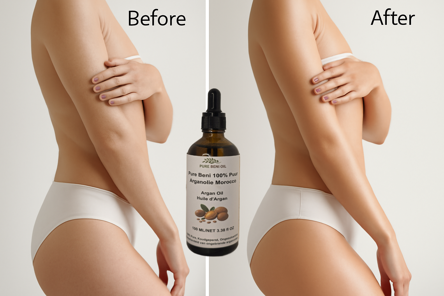 "Massaging Pure Beni Argan Oil on body to reduce stretch marks and rough skin"