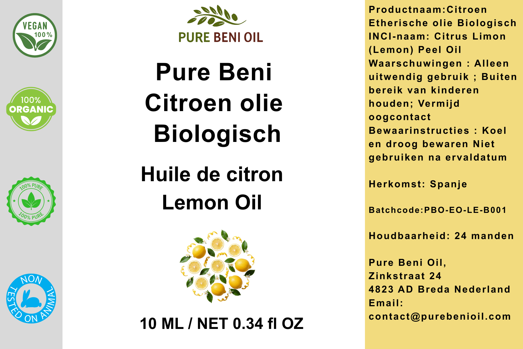 Pure Beni Lemon Oil organic essential oil for aromatherapy, skin care and wellness.