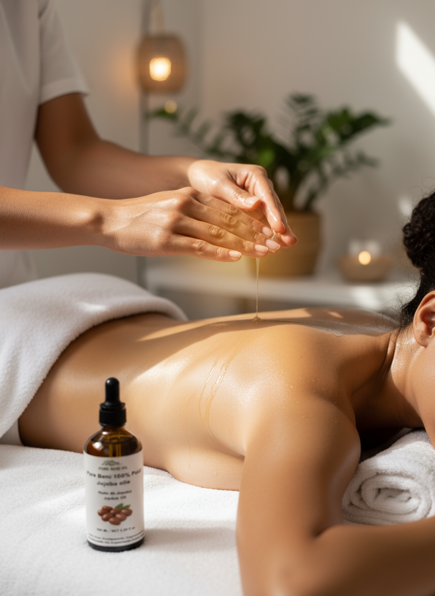 Texture of Pure Beni natural Jojoba Oil being applied for massage