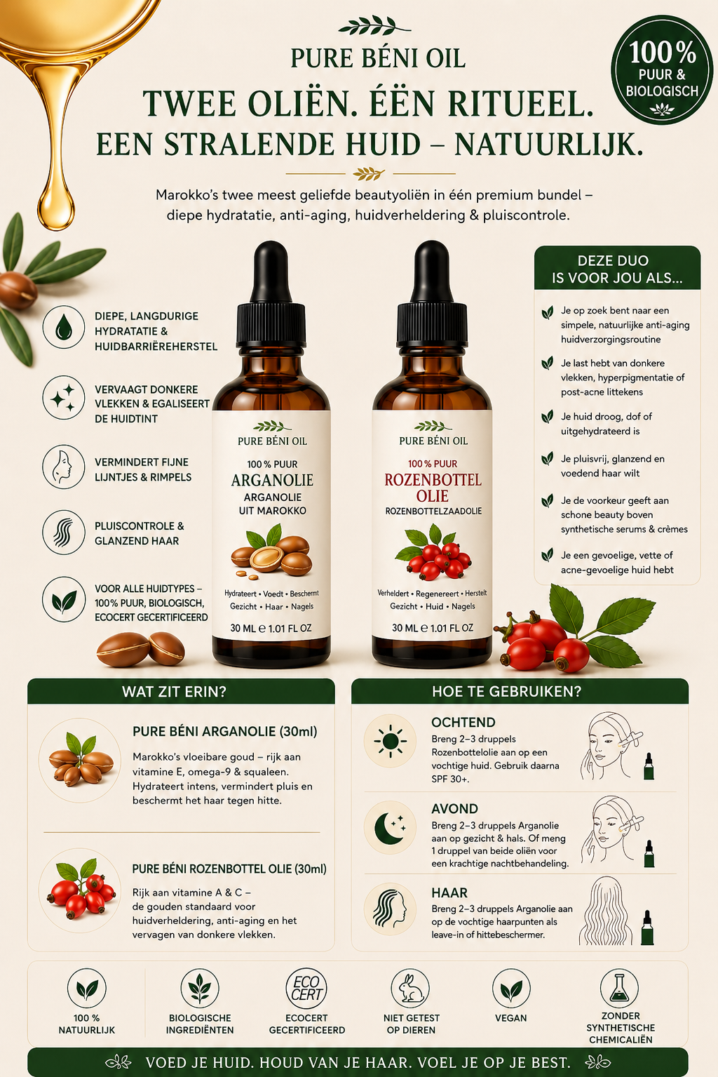 Het Marokkaanse Glow Duo — Arganolie + Rozenbottelolie (elk 30 ml)