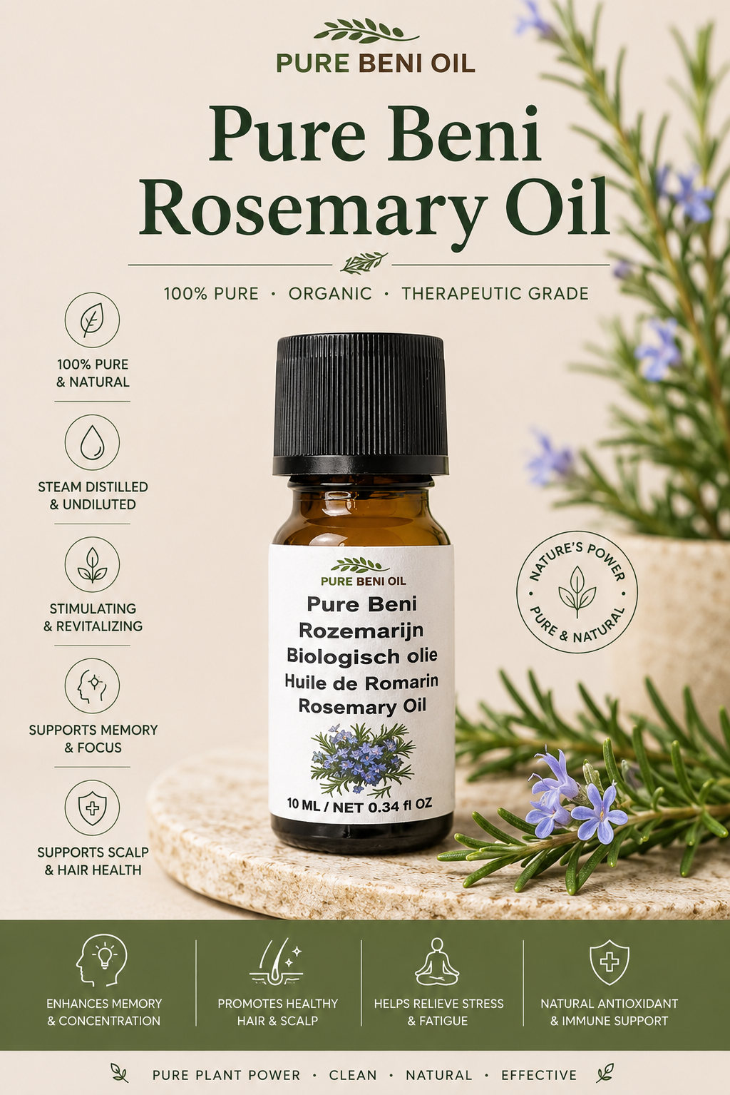 Pure Beni Rosemary Oil organic essential oil bottle with fresh rosemary sprigs, natural oil for hair growth, scalp care, aromatherapy and wellness.