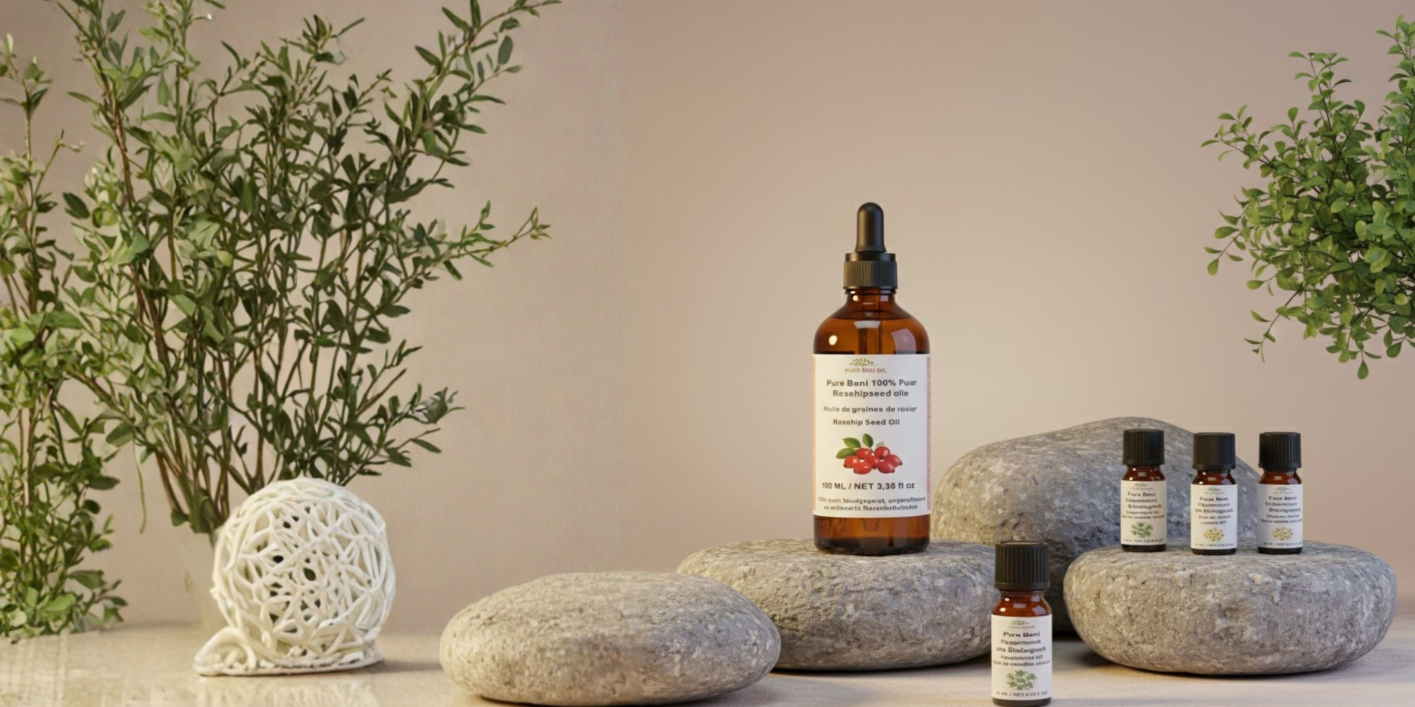 PURE BENI natural beauty oils displayed in a calming lifestyle setting for skin, hair and holistic wellness