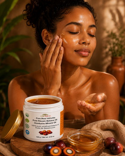 Woman applying PURE BENI Raw Batana Oil to curly hair in a warm organic spa environment.