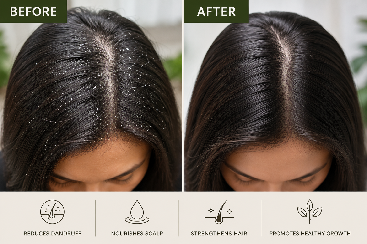 Before and after dandruff treatment results showing healthier scalp and cleaner hair using natural PURE BENI hair oil.
