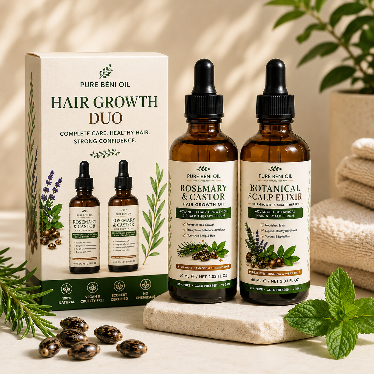 PURE BÉNI OIL Hair Growth Duo with Rosemary & Castor Hair Growth Oil and Botanical Scalp Elixir for thinning hair, scalp care, stronger roots and natural hair regrowth.