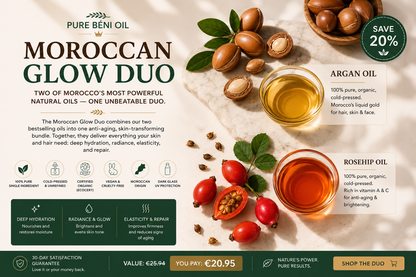 PURE BÉNI Moroccan Glow Duo with organic argan oil and rosehip oil for radiant skin and healthy hair.