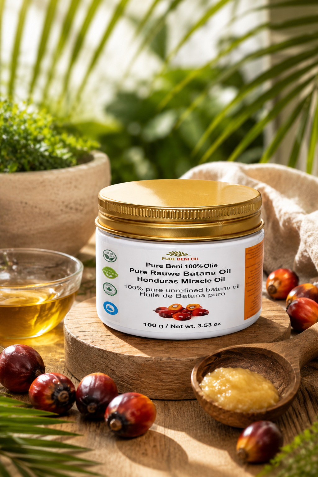 PURE BENI Organic Batana Oil in a natural tropical setting with palm leaves and raw batana nuts.