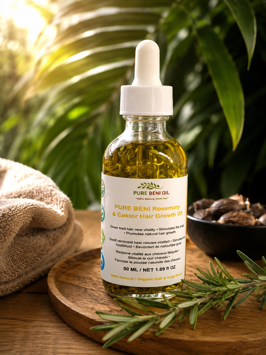 PURE BENI Rosemary & Castor Hair Growth Oil in a natural organic environment with rosemary leaves, promoting healthy scalp care and natural hair growth.