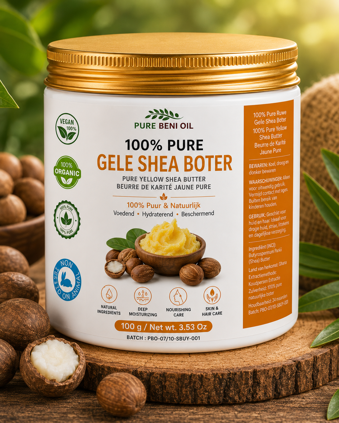 PURE BENI gele shea boter in natuurlijke omgeving met sheanoten