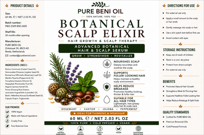 PURE BENI Botanical Scalp Elixir Hair Growth & Scalp Therapy Serum 60ml with rosemary, castor oil, jojoba and peppermint for healthy scalp and fuller-looking hair