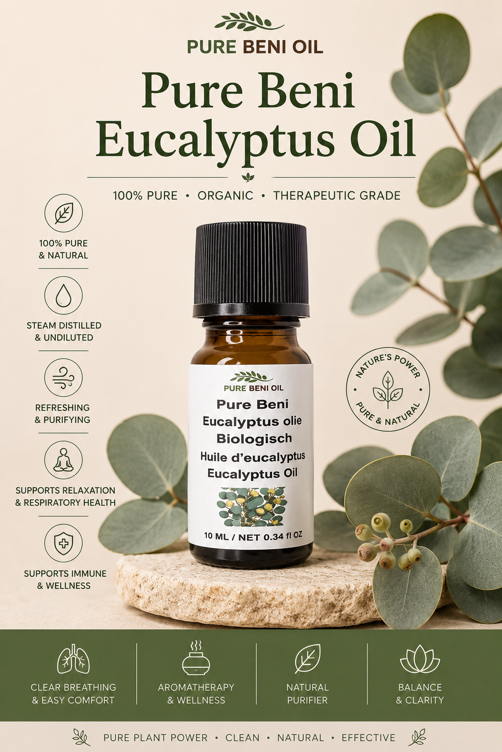 Pure Beni Eucalyptus Essential Oil displayed with fresh eucalyptus leaves in a natural botanical setting, highlighting aromatherapy, respiratory wellness, relaxation, and therapeutic benefits.