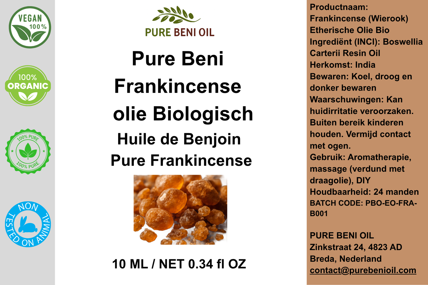 Pure Beni Frankincense Essential Oil displayed in a premium botanical setting with frankincense resin, highlighting natural aromatherapy, relaxation, and skin wellness benefits.