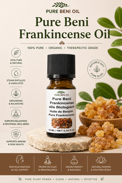 Pure Beni Frankincense Essential Oil displayed in a premium botanical setting with frankincense resin, highlighting natural aromatherapy, relaxation, and skin wellness benefits.